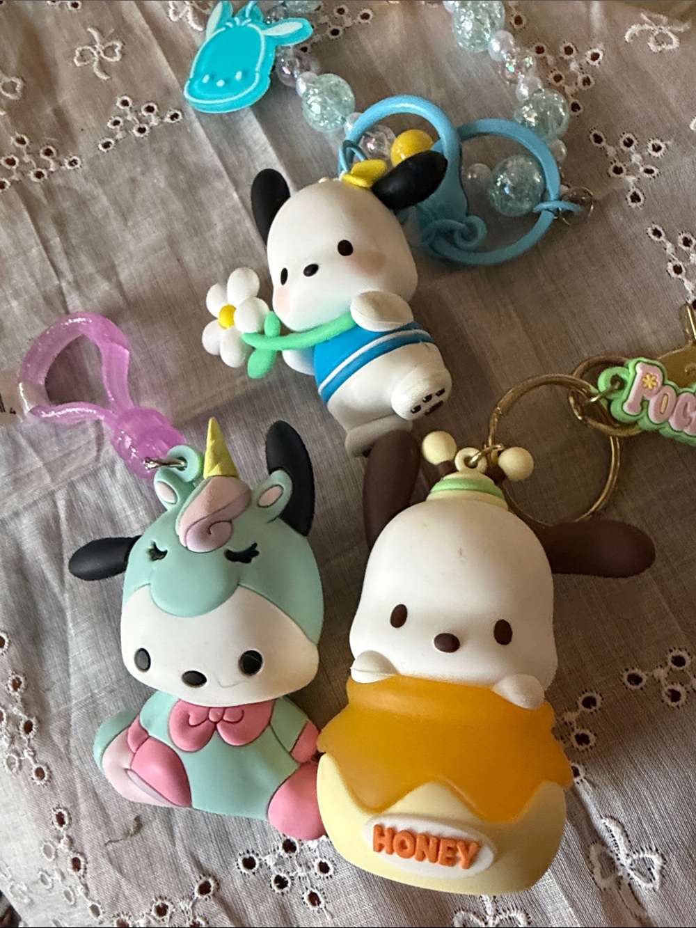 Sanrio Pastel Unicorn, Honey Pot & Blue Cow Small Pet Keychain Trio